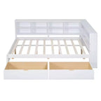 Lit de repos double en bois avec 2 tiroirs, étagère de rangement et ports de chargement USB, Blanc