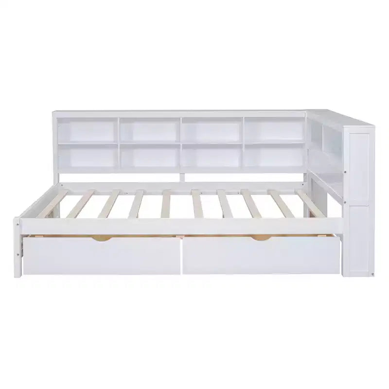 Lit de repos double en bois avec 2 tiroirs, étagère de rangement et ports de chargement USB, Blanc