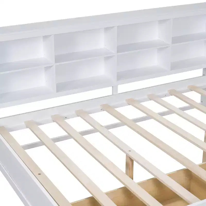 Lit de repos double en bois avec 2 tiroirs, étagère de rangement et ports de chargement USB, Blanc