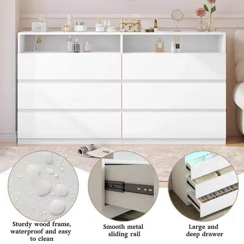 Commode 6 tiroirs Dyonery avec LED pour chambre, organisateur de rangement en bois de 120 cm avec station de charge, commodes avec étagères ouvertes, chiffonnier