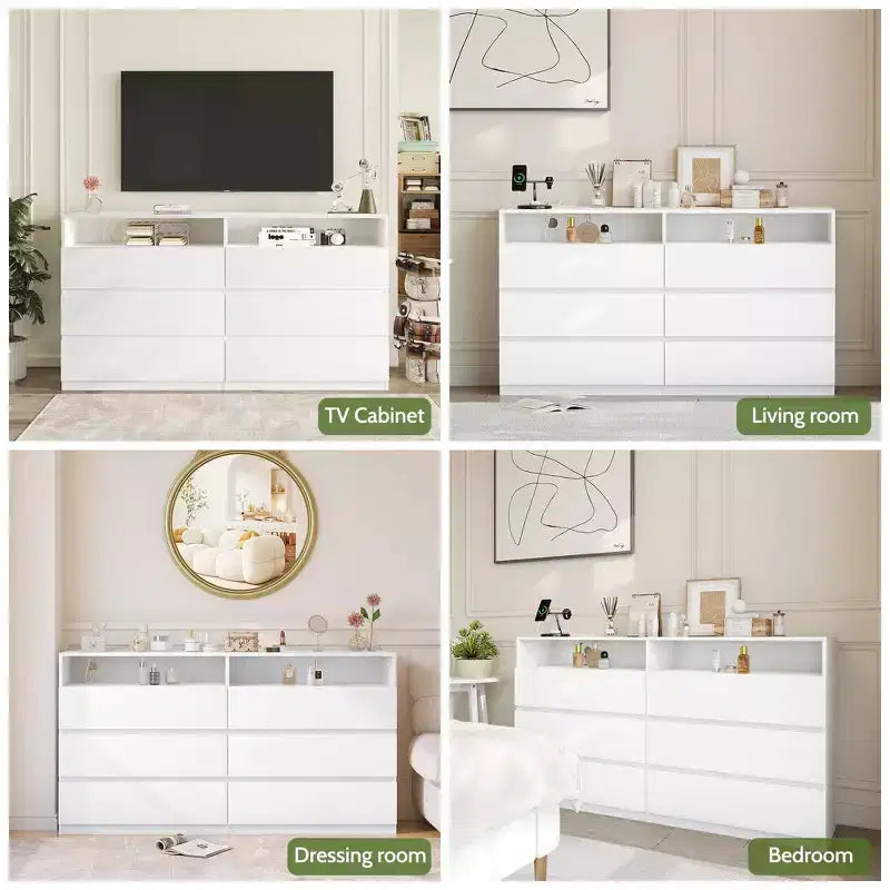 Commode 6 tiroirs Dyonery avec LED pour chambre, organisateur de rangement en bois de 120 cm avec station de charge, commodes avec étagères ouvertes, chiffonnier