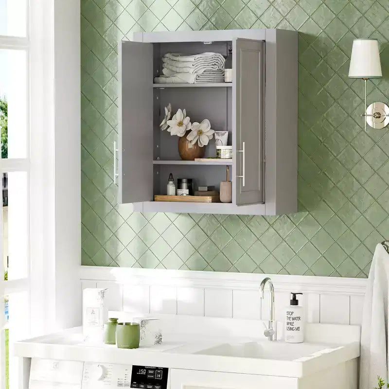 Meuble de Rangement Mural de Salle de Bain Double Porte au-dessus des Toilettes avec Étagères Réglables Organisateur Mural pour Salle de Bain, Cuisine, Buanderie, Chambre