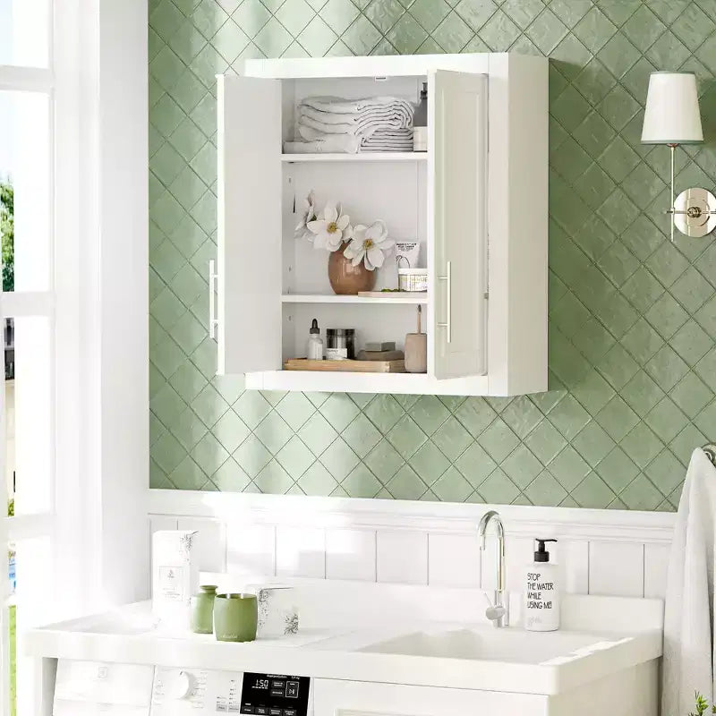 Meuble de Rangement Mural de Salle de Bain Double Porte au-dessus des Toilettes avec Étagères Réglables Organisateur Mural pour Salle de Bain, Cuisine, Buanderie, Chambre