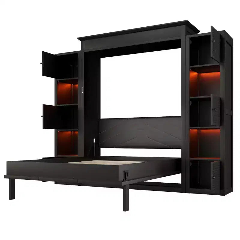 Lit escamotable moderne Luxystar Queen avec 10 étagères de rangement et tête de lit rembourrée, noir