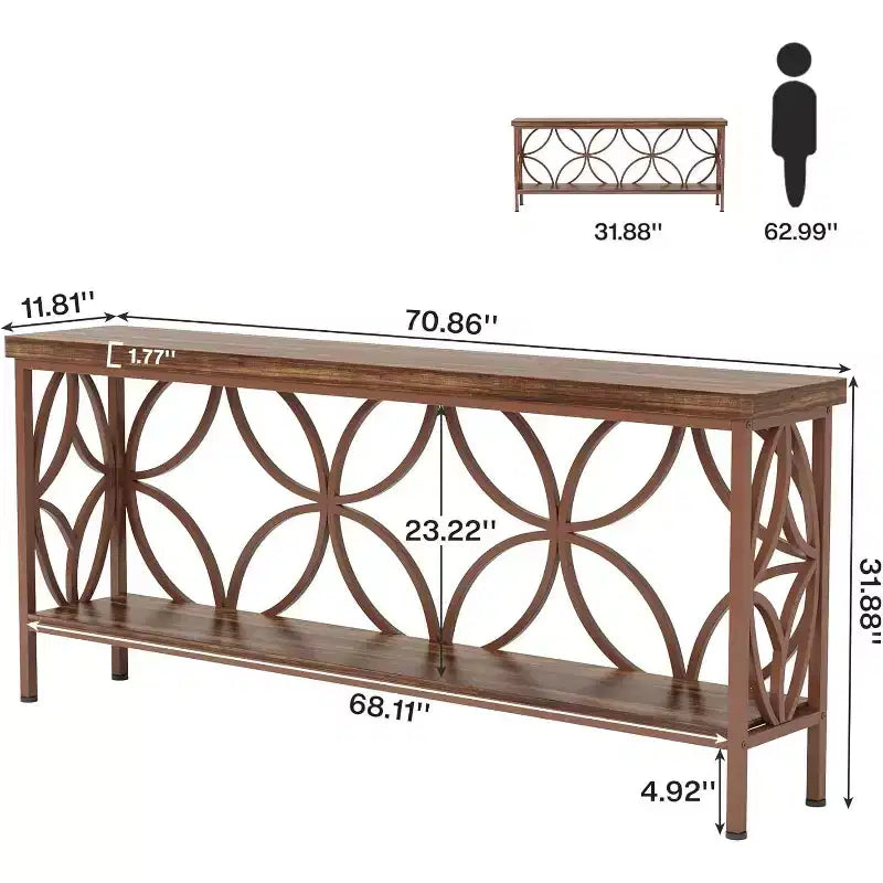Table de canapé étroite Lantine de 70,9 pouces, console industrielle à 2 niveaux derrière le canapé, longues tables d'entrée avec rangement pour le foyer, le couloir, marron brillant