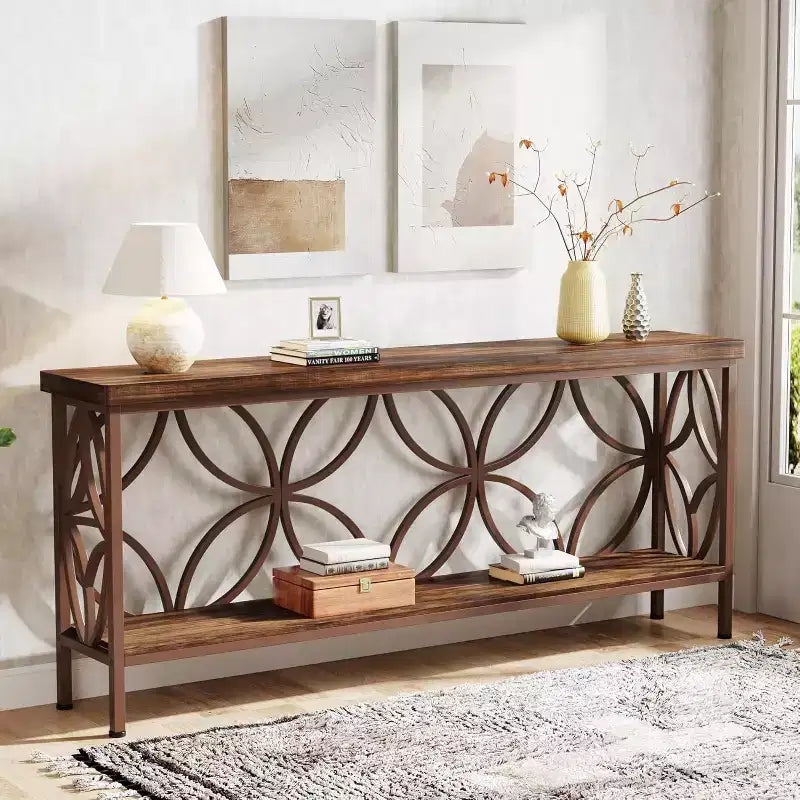 Table de canapé étroite Lantine de 70,9 pouces, console industrielle à 2 niveaux derrière le canapé, longues tables d'entrée avec rangement pour le foyer, le couloir, marron brillant