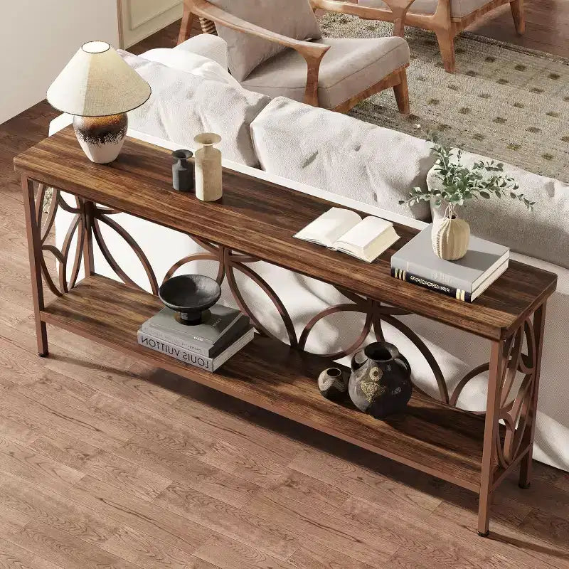 Table de canapé étroite Lantine de 70,9 pouces, console industrielle à 2 niveaux derrière le canapé, longues tables d'entrée avec rangement pour le foyer, le couloir, marron brillant