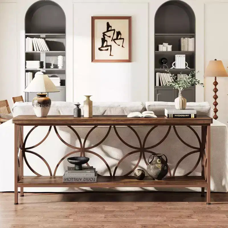 Table de canapé étroite Lantine de 70,9 pouces, console industrielle à 2 niveaux derrière le canapé, longues tables d'entrée avec rangement pour le foyer, le couloir, marron brillant