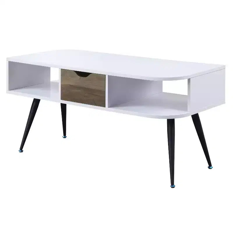 White and Black Modern Coffee Table with 1 Drawer, Two Open Compartments Powder Coated Metal Legs Living Room Table