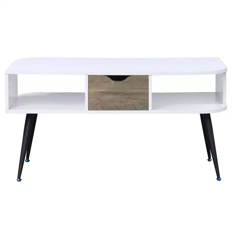 Table basse moderne blanche et noire avec 1 tiroir, deux compartiments ouverts et pieds en métal thermolaqué pour salon