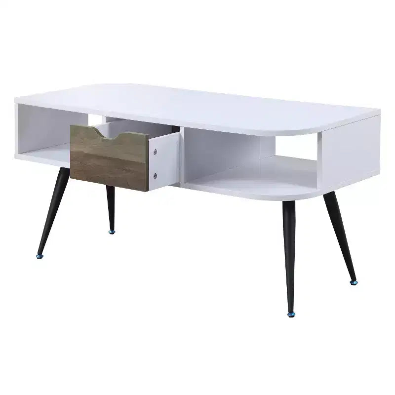 Table basse moderne blanche et noire avec 1 tiroir, deux compartiments ouverts et pieds en métal thermolaqué pour salon