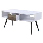 Table basse moderne blanche et noire avec 1 tiroir, deux compartiments ouverts et pieds en métal thermolaqué pour salon