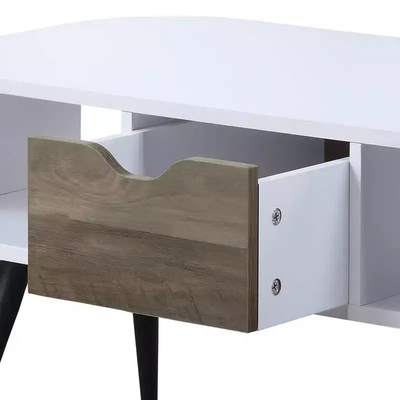 Table basse moderne blanche et noire avec 1 tiroir, deux compartiments ouverts et pieds en métal thermolaqué pour salon