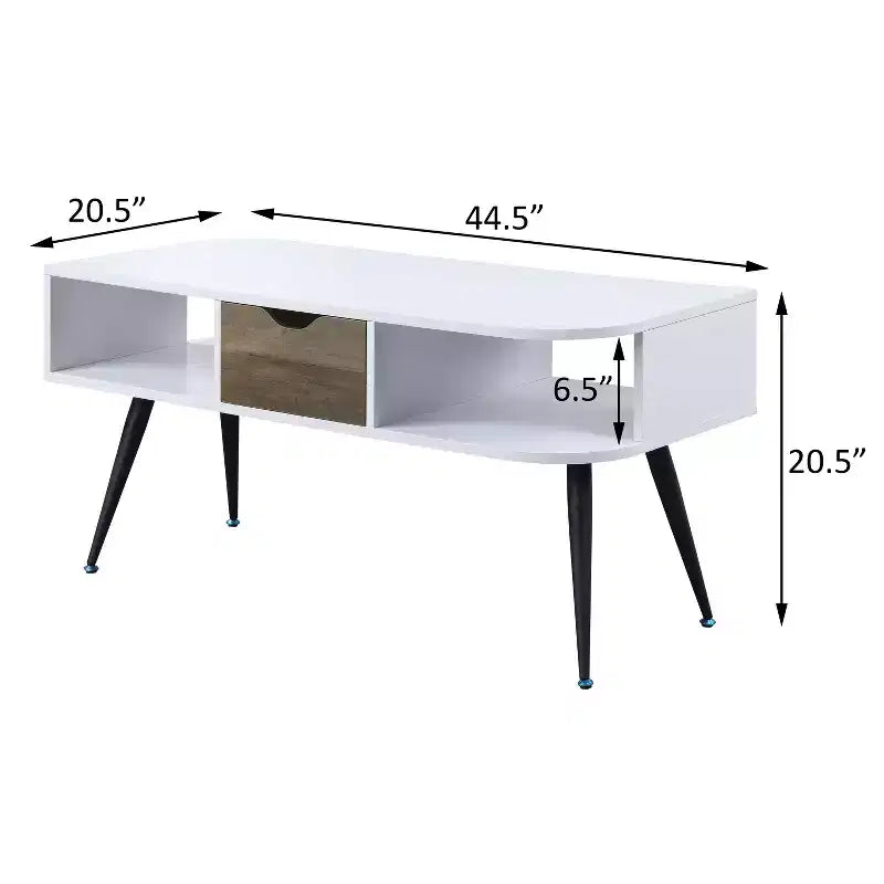 Table basse moderne blanche et noire avec 1 tiroir, deux compartiments ouverts et pieds en métal thermolaqué pour salon