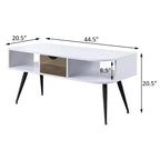 Table basse moderne blanche et noire avec 1 tiroir, deux compartiments ouverts et pieds en métal thermolaqué pour salon