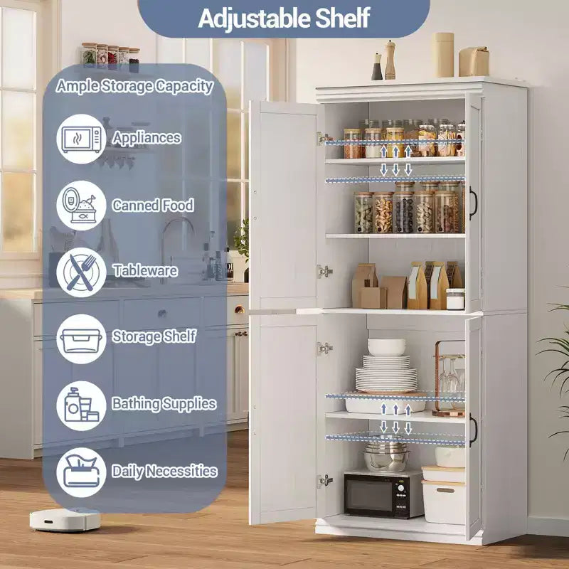 70 Meuble Colonne de Cuisine avec Portes et Étagères Réglables, Meuble de Rangement Autonome, Grande Armoire de Rangement pour Salle de Bain