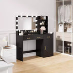 Coiffeuse 54,5 po avec miroir et 11 ampoules DEL, prise de courant intégrée, 3 tiroirs et étagères ouvertes, tabouret de rangement inclus
