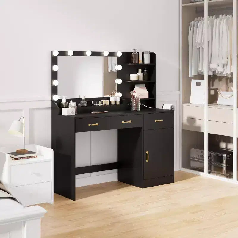 Coiffeuse 54,5 po avec miroir et 11 ampoules DEL, prise de courant intégrée, 3 tiroirs et étagères ouvertes, tabouret de rangement inclus