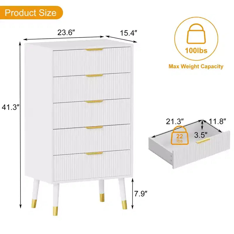 Ensemble de 2 meubles de rangement cannelés pour entrée, commodes noires en bois à 5 tiroirs, poignées dorées en métal, tables de chevet pour chambre à coucher, salon, entrée, blanc