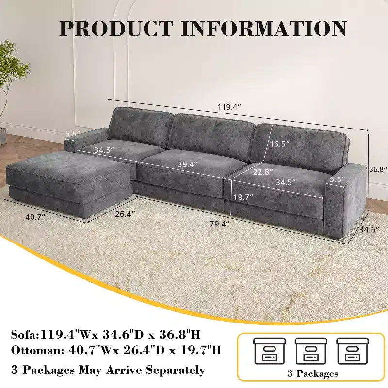 Dyonery 120 - Canapé modulaire sectionnel, Canapé sectionnel Cloud avec assise profonde, Canapé modulaire en L moderne avec méridienne.