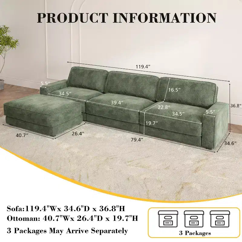 Dyonery 120 - Canapé modulaire sectionnel, Canapé sectionnel Cloud avec assise profonde, Canapé modulaire en L moderne avec méridienne.