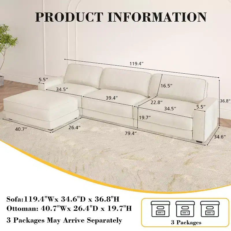 Dyonery 120 - Canapé modulaire sectionnel, Canapé sectionnel Cloud avec assise profonde, Canapé modulaire en L moderne avec méridienne.