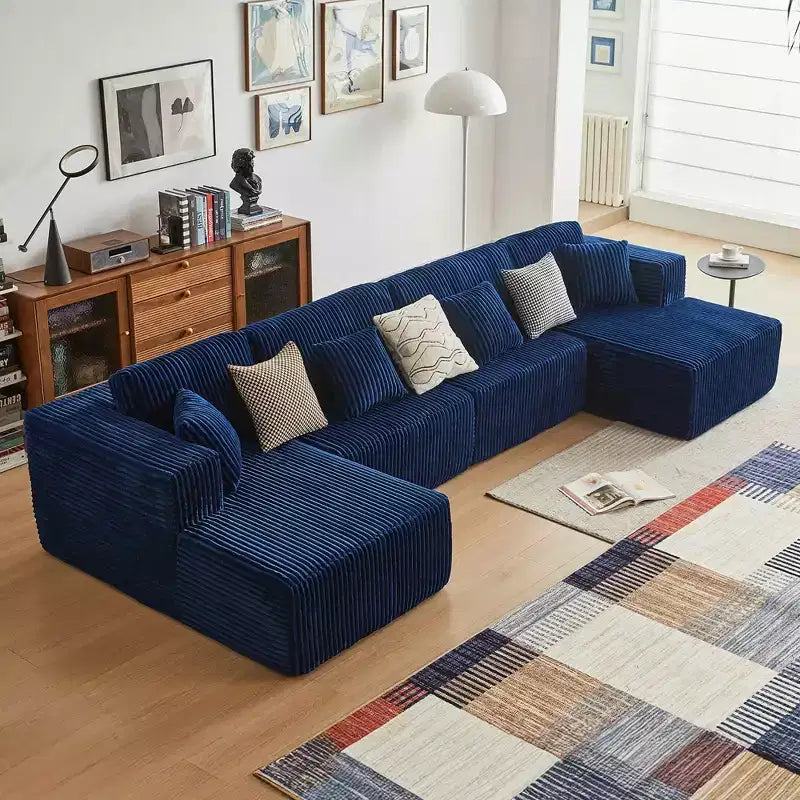 MAYEERTY Canapé sectionnel modulable en flanelle bleue en forme de U, mousse haute densité avec oreillers décoratifs