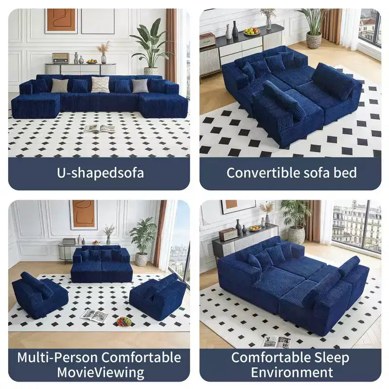 MAYEERTY Canapé sectionnel modulable en flanelle bleue en forme de U, mousse haute densité avec oreillers décoratifs