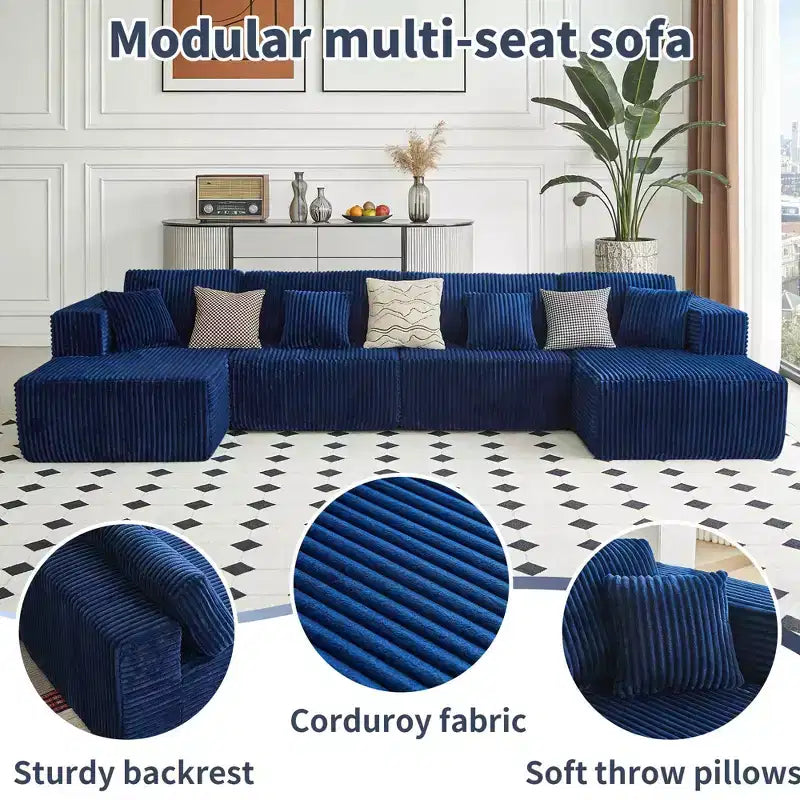 MAYEERTY Canapé sectionnel modulable en flanelle bleue en forme de U, mousse haute densité avec oreillers décoratifs