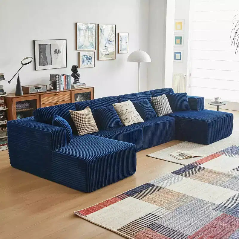 MAYEERTY Canapé sectionnel modulable en flanelle bleue en forme de U, mousse haute densité avec oreillers décoratifs