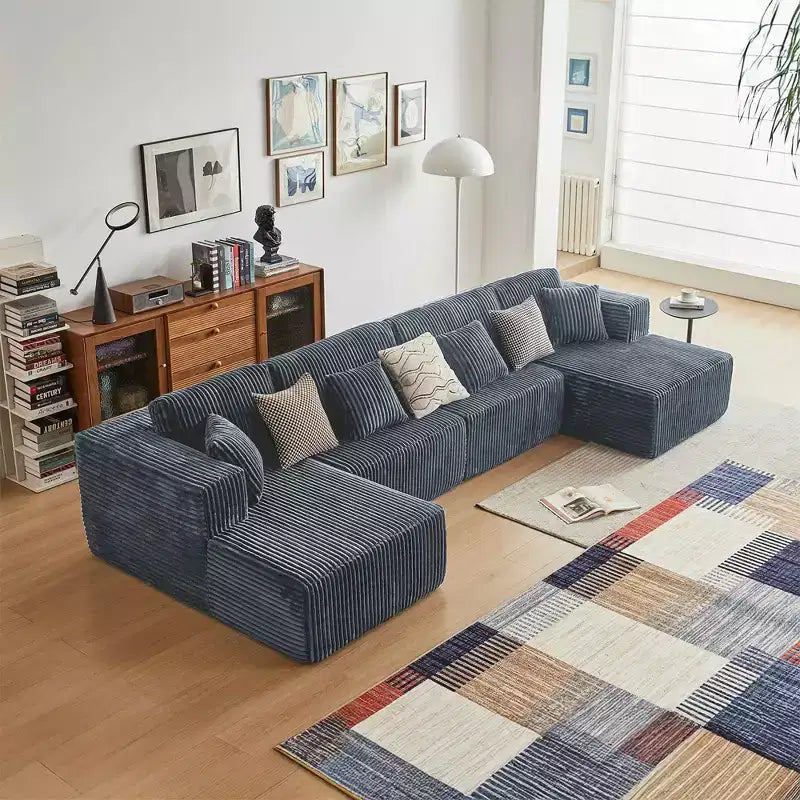 MAYEERTY Canapé sectionnel modulable en flanelle bleue en forme de U, mousse haute densité avec oreillers décoratifs