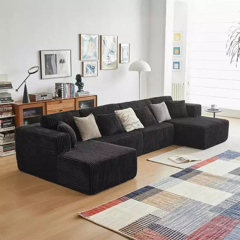 MAYEERTY Canapé sectionnel modulable en flanelle bleue en forme de U, mousse haute densité avec oreillers décoratifs