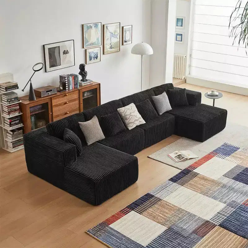 MAYEERTY Canapé sectionnel modulable en flanelle bleue en forme de U, mousse haute densité avec oreillers décoratifs