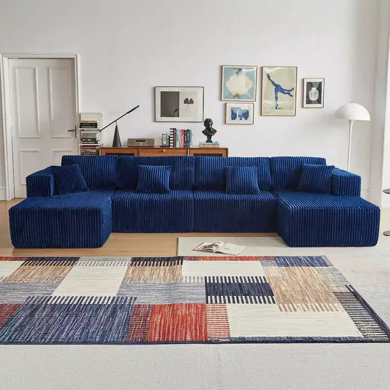 MAYEERTY Canapé sectionnel modulable en flanelle bleue en forme de U, mousse haute densité avec oreillers décoratifs