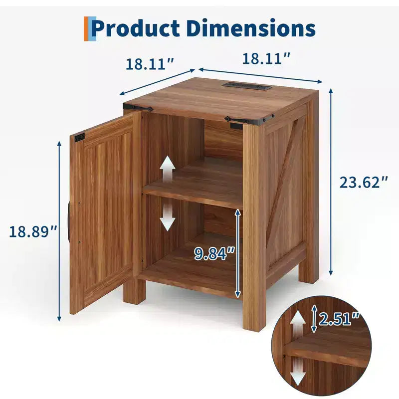 Lot de 2 tables de chevet de ferme avec station de recharge, table de nuit rustique avec porte de grange et étagère réglable, petite table d'appoint pour chambre et salon.