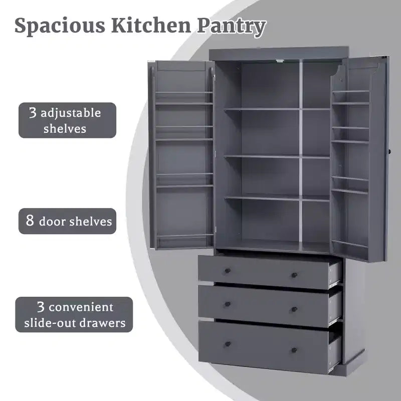 Étagères de porte de garde-manger de cuisine de ferme, armoire de rangement haute autonome avec 3 étagères réglables et 3 tiroirs pour salle à manger