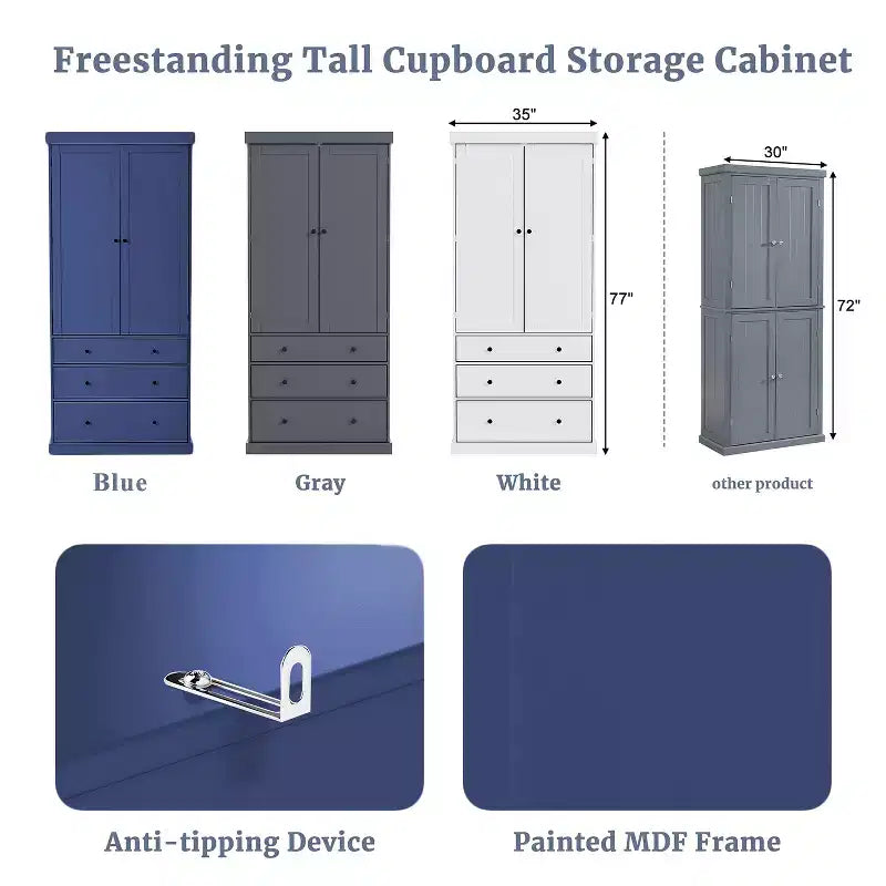 Étagères de porte de garde-manger de cuisine de ferme, armoire de rangement haute autonome avec 3 étagères réglables et 3 tiroirs pour salle à manger