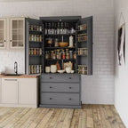 Étagères de porte de garde-manger de cuisine de ferme, armoire de rangement haute autonome avec 3 étagères réglables et 3 tiroirs pour salle à manger