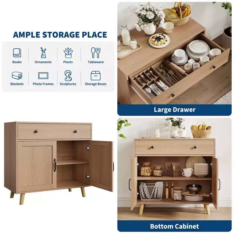 Buffet en bois naturel moderne avec 3 niveaux de rangement, tiroir et étagères ouvertes