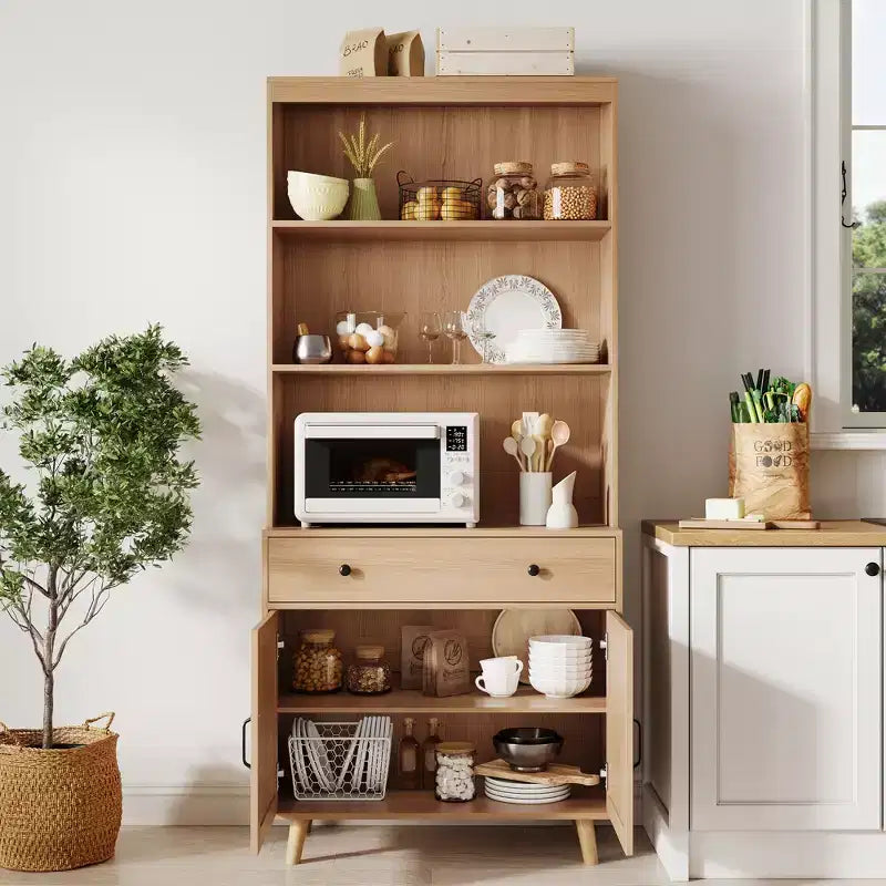 Buffet en bois naturel moderne avec 3 niveaux de rangement, tiroir et étagères ouvertes