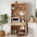 Buffet en bois naturel moderne avec 3 niveaux de rangement, tiroir et étagères ouvertes