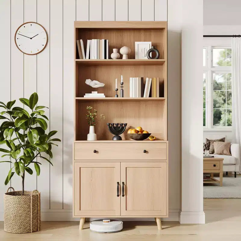 Buffet en bois naturel moderne avec 3 niveaux de rangement, tiroir et étagères ouvertes