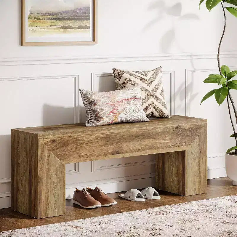 Lantine47'' Wooden Entryway Bench, Farmhouse Entry Bench Seat with Storage Capability for Living Room, Bedroom, Hallway, Easy Assembly, Oak Brown