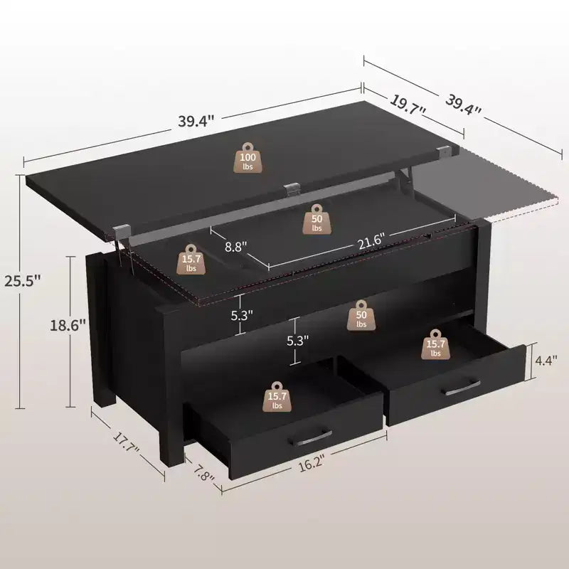 Table basse relevable de 40 pouces, table convertible multifonctionnelle avec tiroirs et compartiment caché pour salon et salle à manger