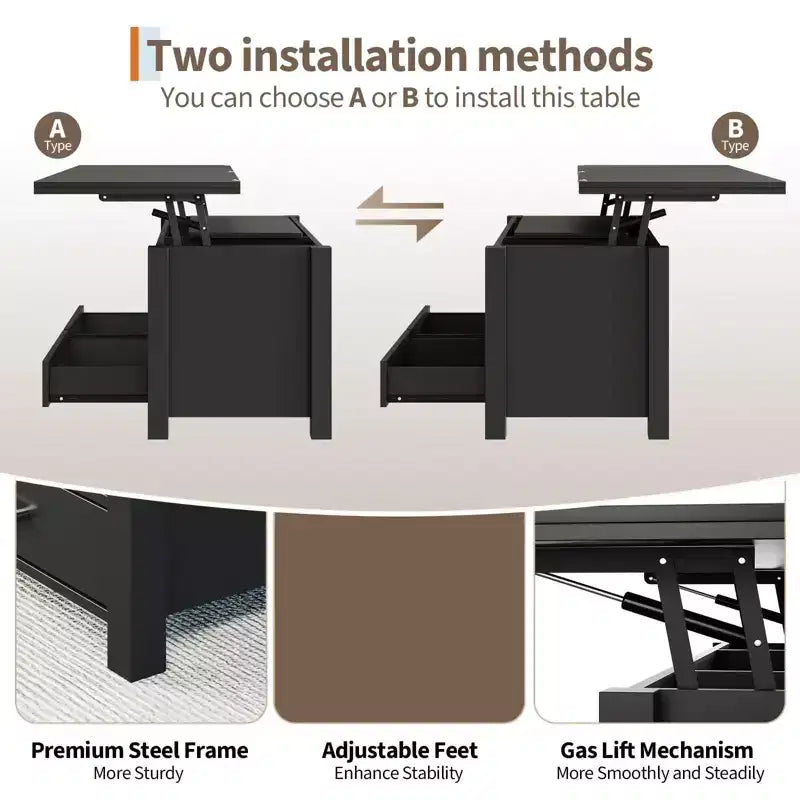 Table basse relevable de 40 pouces, table convertible multifonctionnelle avec tiroirs et compartiment caché pour salon et salle à manger