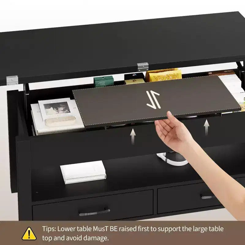 Table basse relevable de 40 pouces, table convertible multifonctionnelle avec tiroirs et compartiment caché pour salon et salle à manger