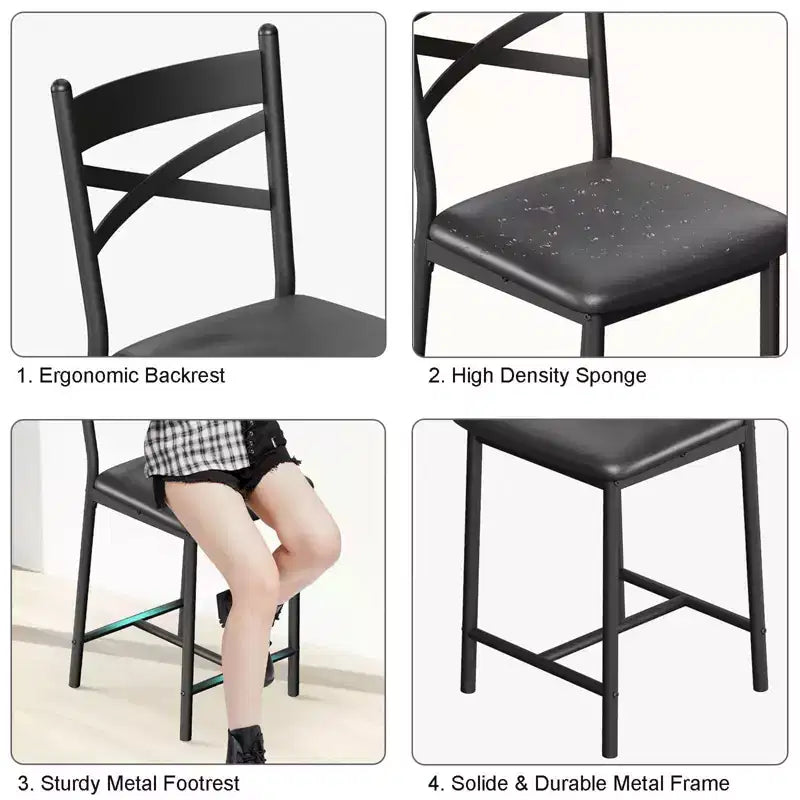 Ensemble de 4 tabourets de bar hauteur comptoir 26 po, sièges rembourrés en cuir PU noir, cadre en métal, dossier en X, repose-pieds pour îlot de cuisine, salle à manger