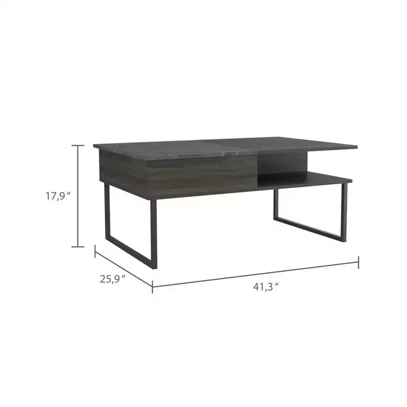 Table basse relevable Armin Espresso Onyx avec pieds en métal, une étagère ouverte, table de rangement moderne pour salon
