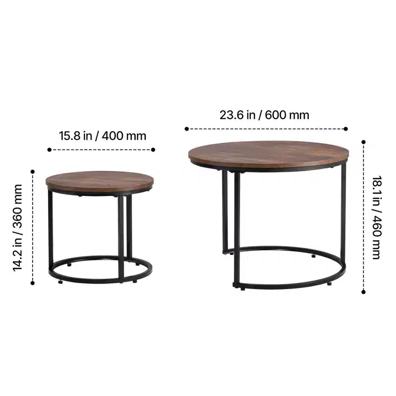 Lot de 2 tables basses gigognes vintage marron et noir, tables d'appoint rondes à cadre métallique de 60 cm pour petit salon