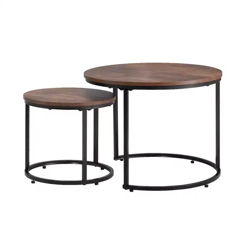 Lot de 2 tables basses gigognes vintage marron et noir, tables d'appoint rondes à cadre métallique de 60 cm pour petit salon